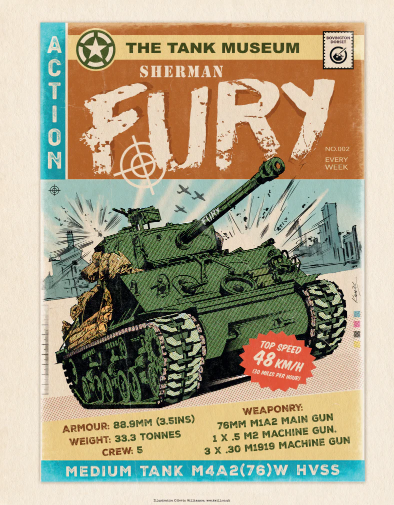 Sherman Fury Tank Comic Illustration Print